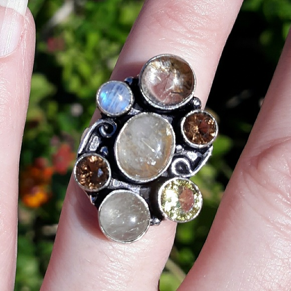 New Golden Rutile, Citrine, Smoky Topaz & Rainbow Moonstone 925 Silver Ring. - Picture 7 of 8
